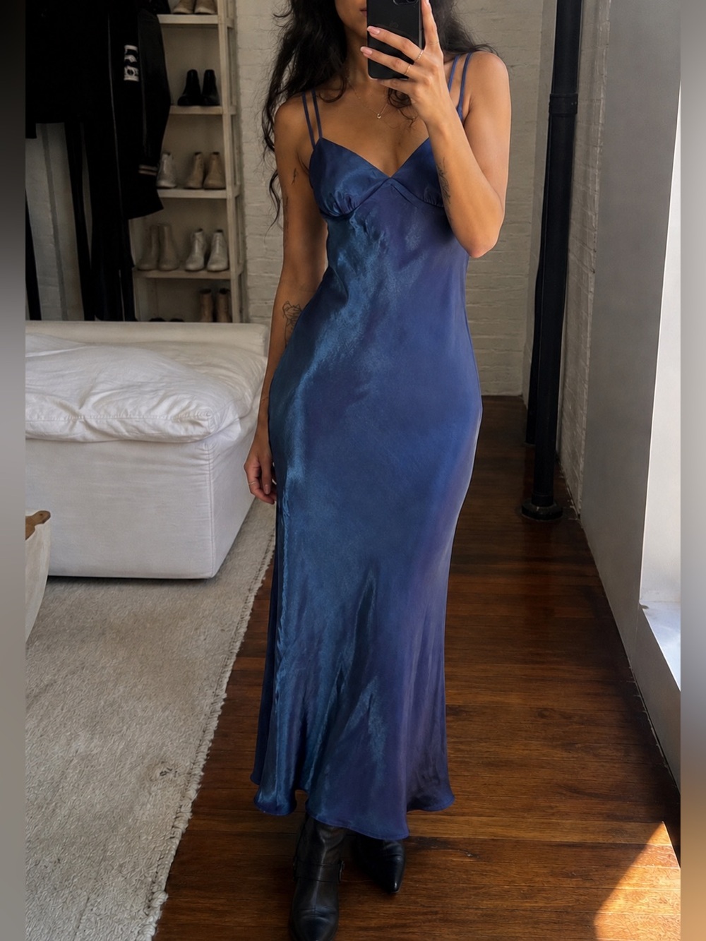 Wild Fable Iridescent Navy Blue Satin Maxi Slip Dress XXS